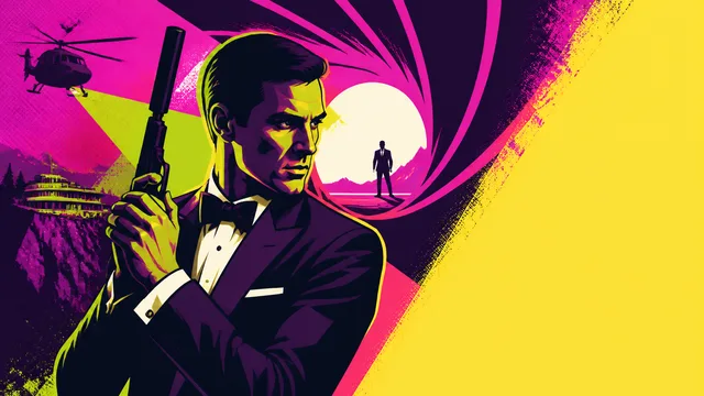 Man in dark jacket aiming pistol against golden-lit background with 007 First Light Review text overlay