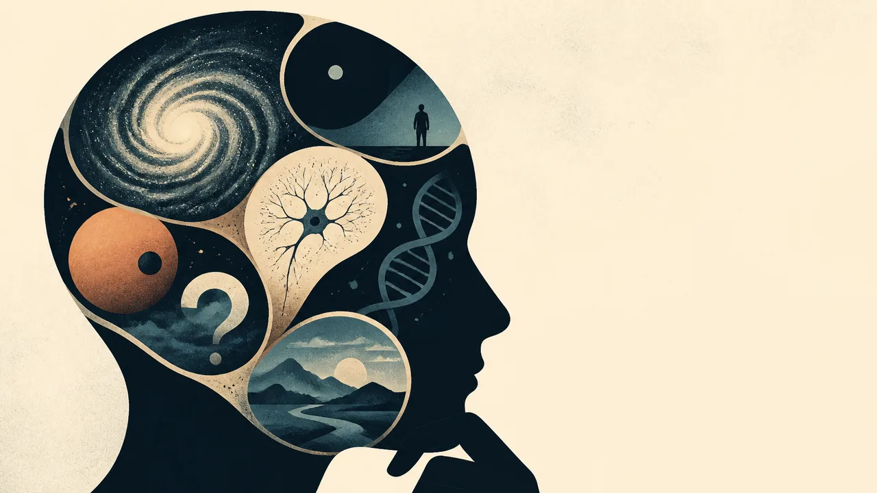 Stick figure surrounded by symbols representing life's big questions: UFO, coffin, family photo, and religious cross.