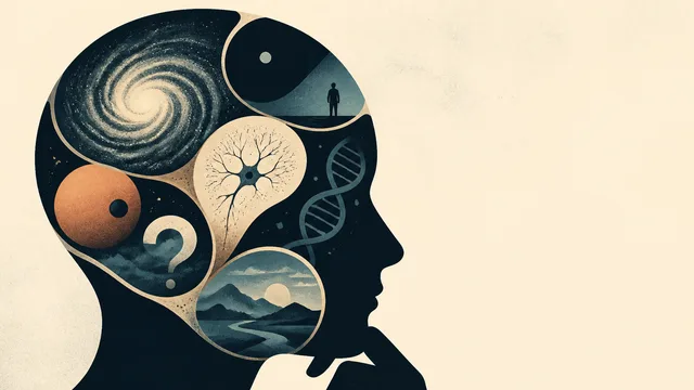 Stick figure surrounded by symbols representing life's big questions: UFO, coffin, family photo, and religious cross.