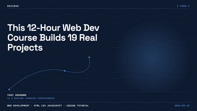 19 Web Dev Projects" title with HTML, CSS, and JS file icons on a blue digital background with a flame logo