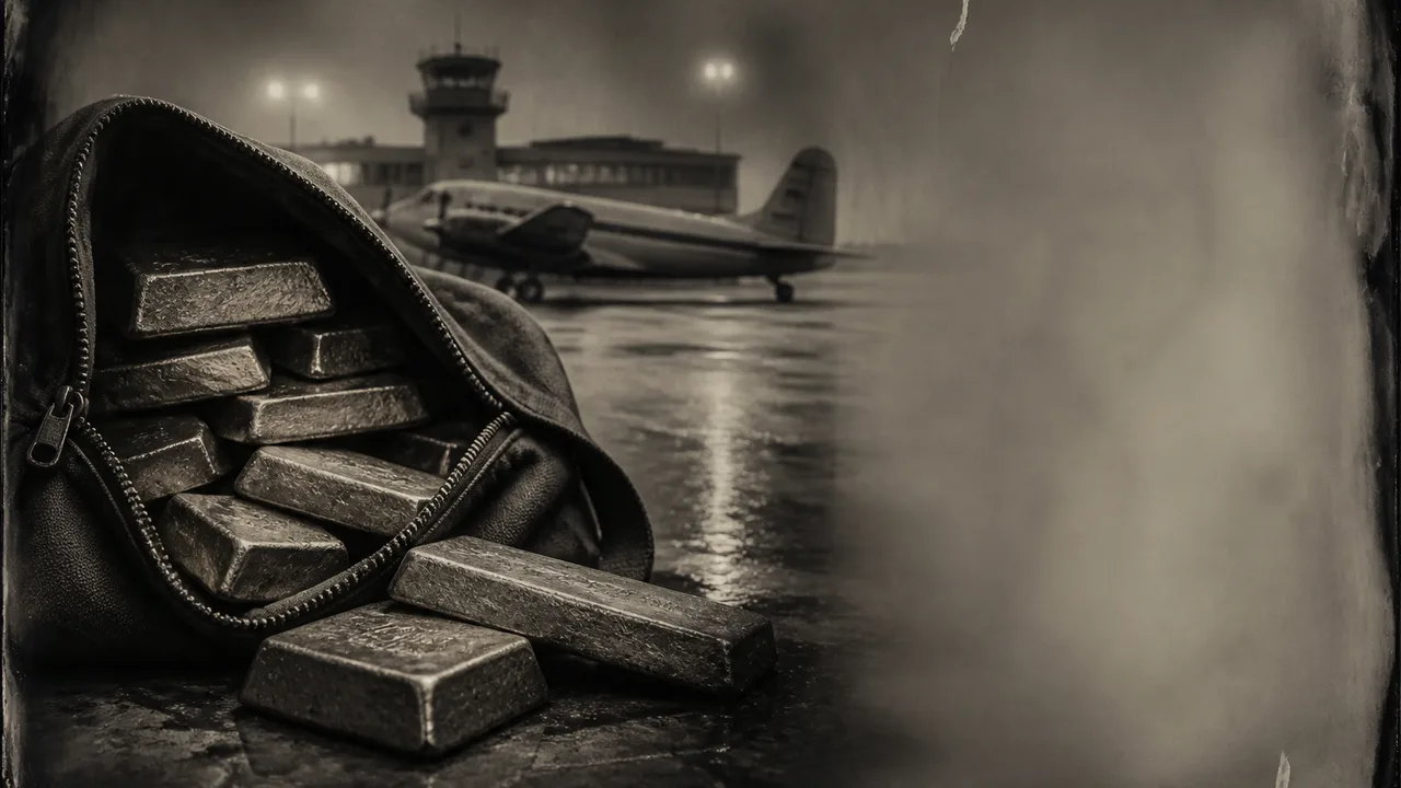 Northwest Orient airliner at airport with inset of gold bars, depicting the famous 1967 gold heist cargo theft.