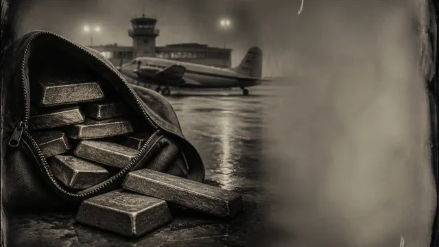 Northwest Orient airliner at airport with inset of gold bars, depicting the famous 1967 gold heist cargo theft.