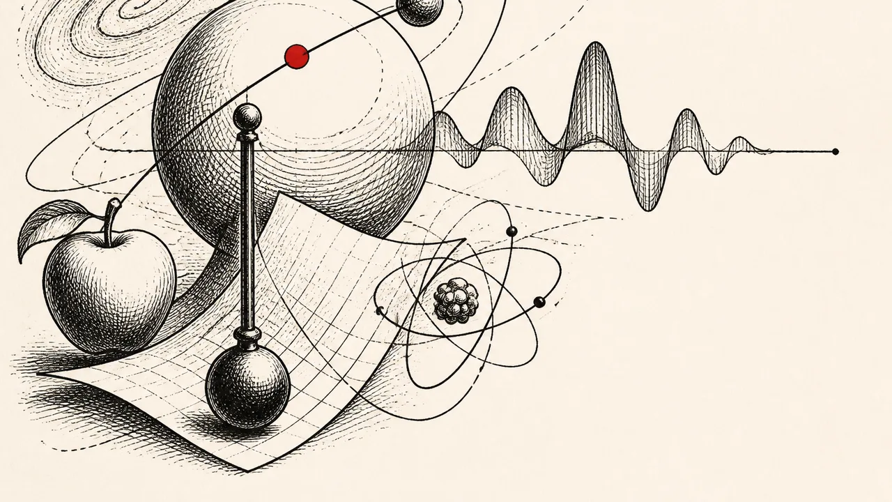 Man in light blue shirt surrounded by physics equations, wave diagrams, and visualizations including electromagnetic…