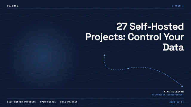 Three developers in a high-tech control room with glowing server racks discuss trending GitHub self-hosted projects on…