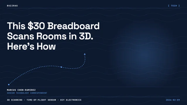Electronics circuit board emitting blue light rays with "$30 ROOM MAPPER" text overlay against dark background
