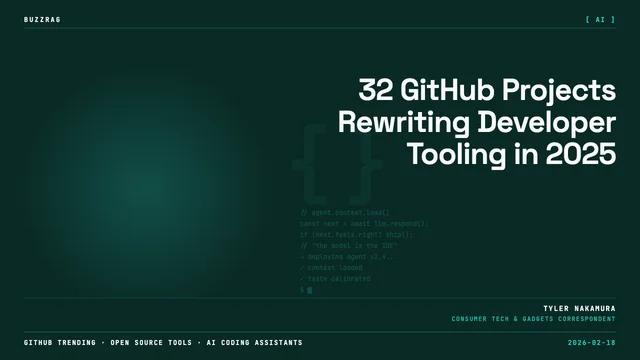 Developer working at dual monitors displaying code and analytics dashboards with "32 Trending Open-Source Projects on…