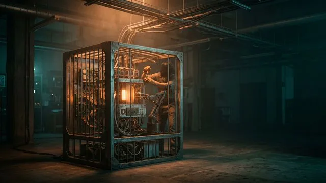 Developer coding at desk with dual monitors displaying GitHub interface, surrounded by neon blue and red lighting with "34…