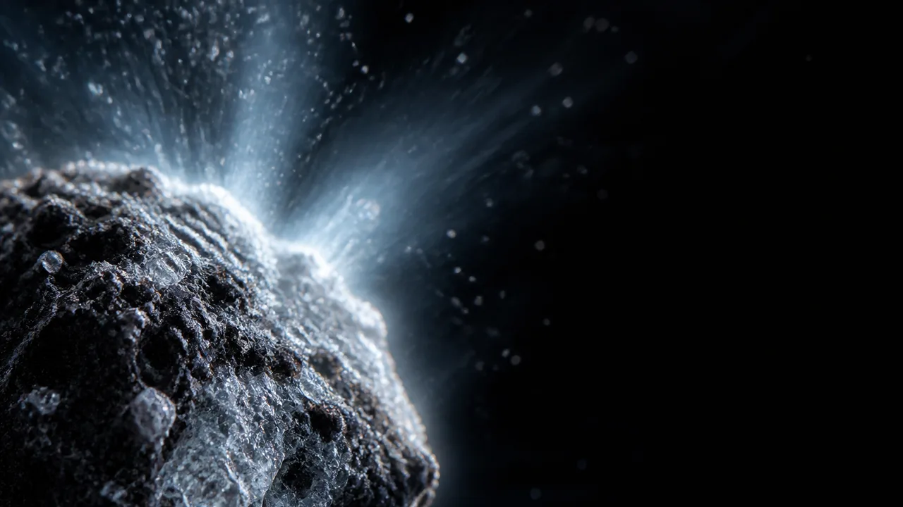 A glowing interstellar comet with icy surface floats in space near Earth, illuminated by golden light from within.