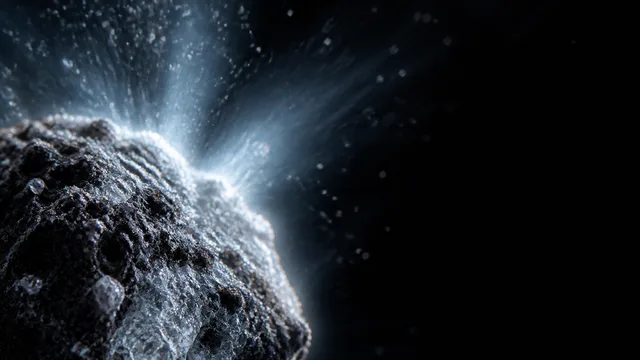 A glowing interstellar comet with icy surface floats in space near Earth, illuminated by golden light from within.