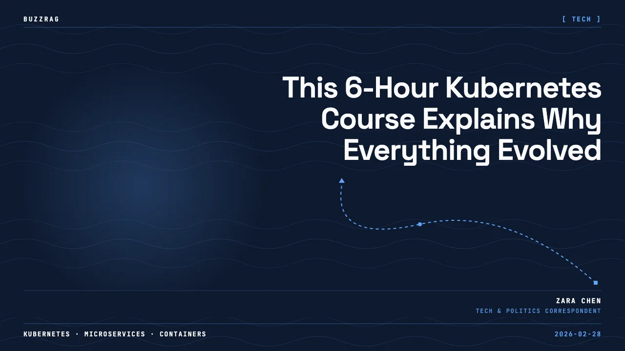 Blue hexagon with white ship's wheel icon on dark digital background with "Learn Kubernetes" text at top
