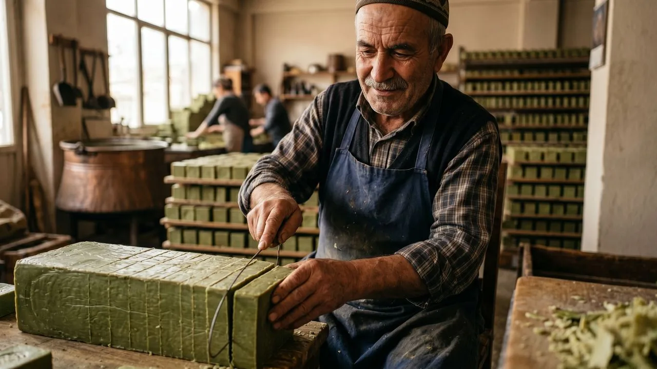 Man holding green soap bar surrounded by thousands of stacked handmade soaps in a factory, with "Still Standing" text overlay