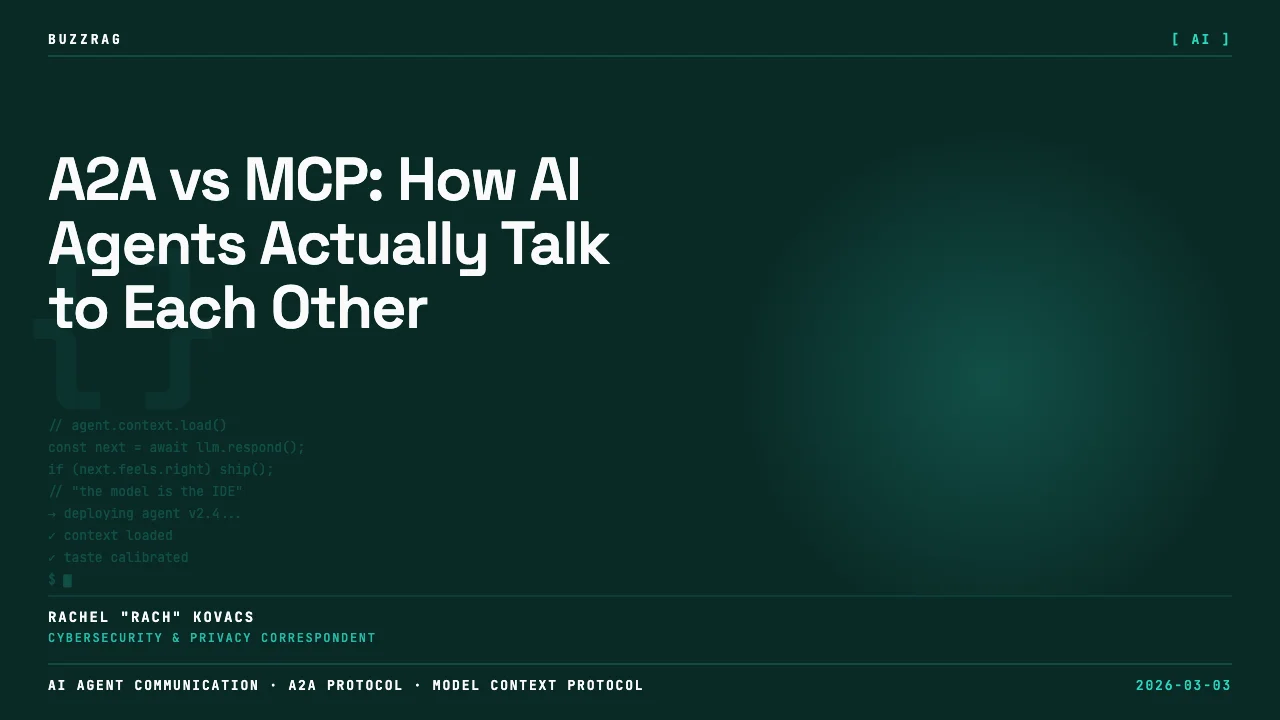 Two people discussing AI agent communication protocols with "think series," "A2A vs MCP" text and network diagrams visible…