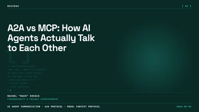 Two people discussing AI agent communication protocols with "think series," "A2A vs MCP" text and network diagrams visible…