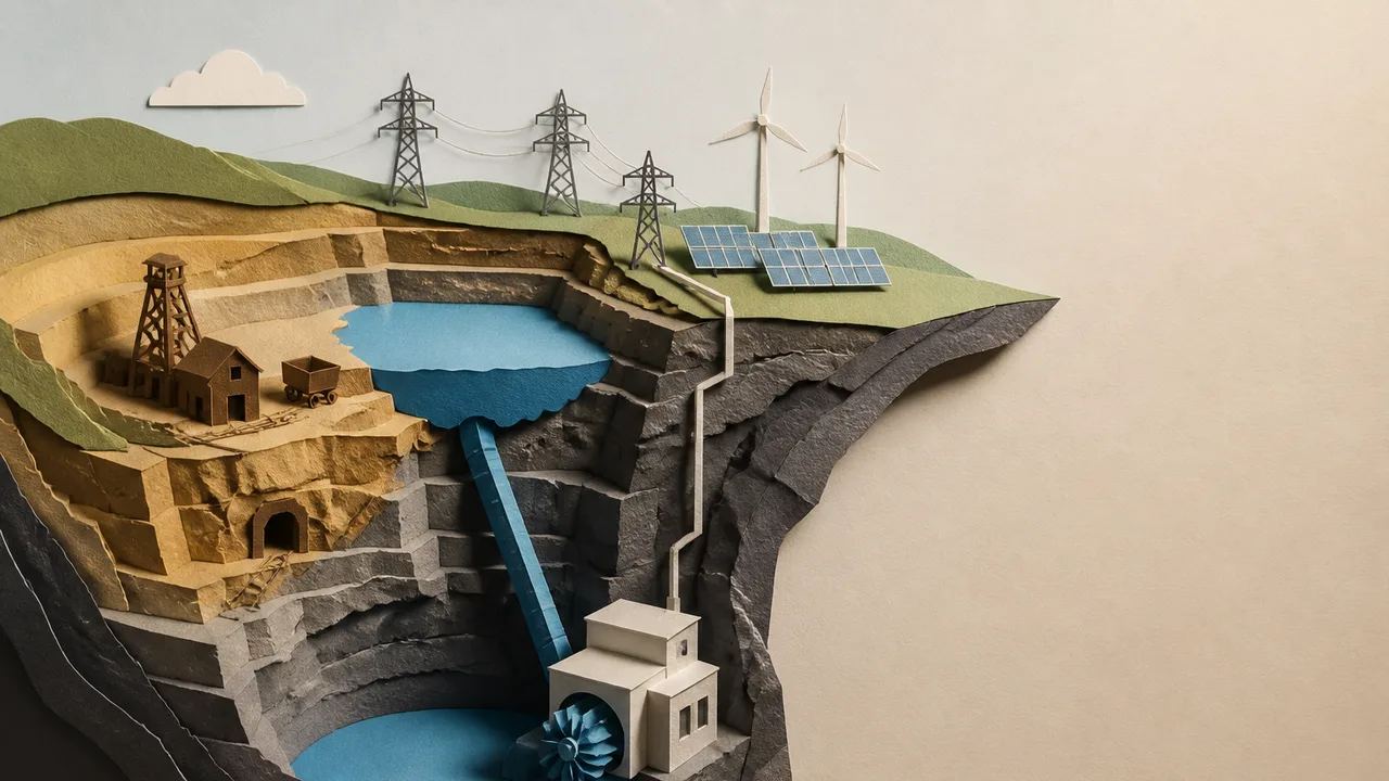Aerial view of a massive flooded pit mine with dark water surrounded by exposed rock layers and sparse vegetation, with…