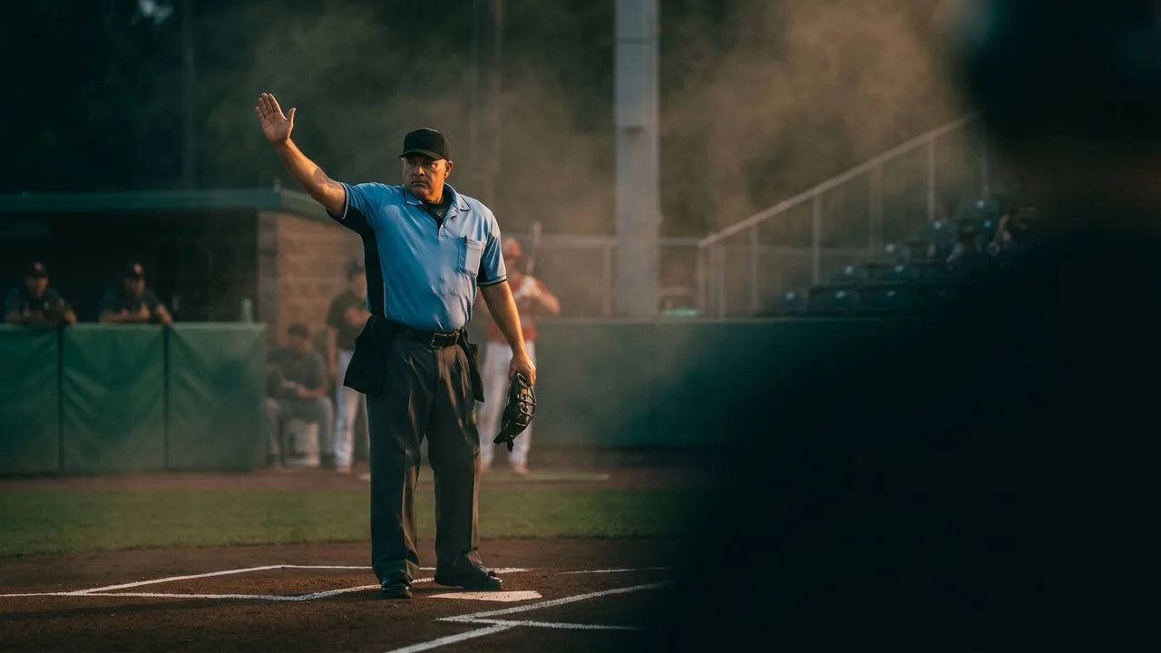 Baseball scene showing an umpire denying an abs challenge with players and catcher visible on field, red arrow pointing to…