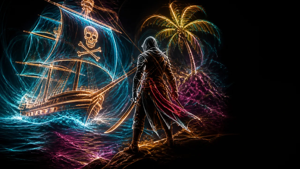 Pirate assassin in white hood and brown leather armor stands with weapons drawn beside a sailing ship, with "4 Hours Hands…