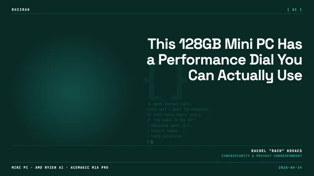 ACEMAGIC mini PC with colorful ring display showing "TANK" logo and USB ports against blue background with red text overlay