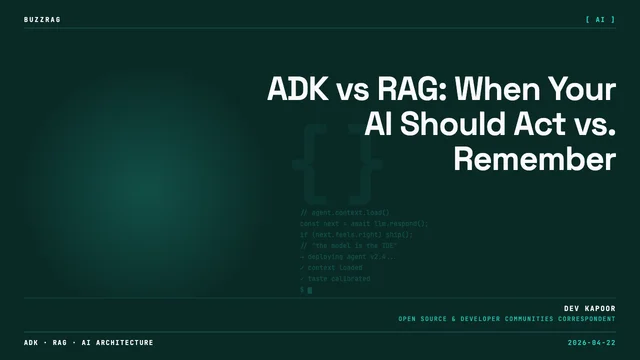 Woman in black shirt against dark background with handwritten notes comparing ADK and RAG frameworks for the think series