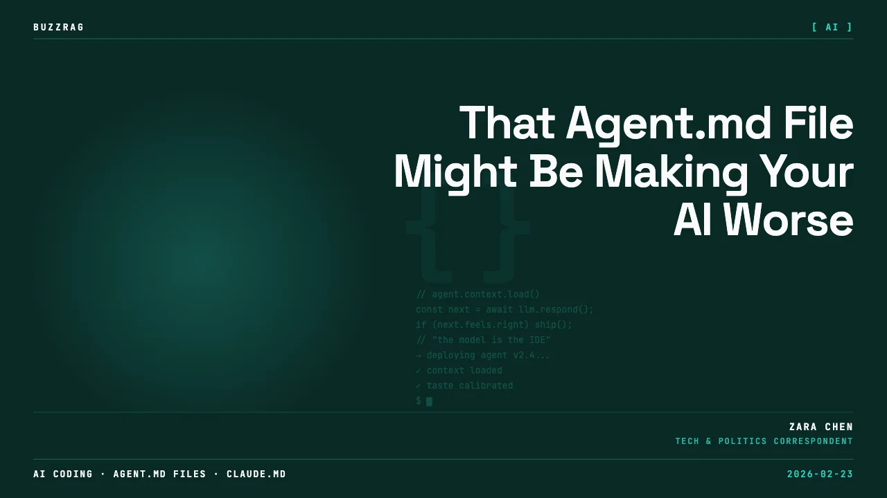 A man with dark hair in a black shirt looks skeptical at a GitHub pull request about removing AGENTS.md with a comment…