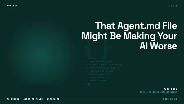A man with dark hair in a black shirt looks skeptical at a GitHub pull request about removing AGENTS.md with a comment…
