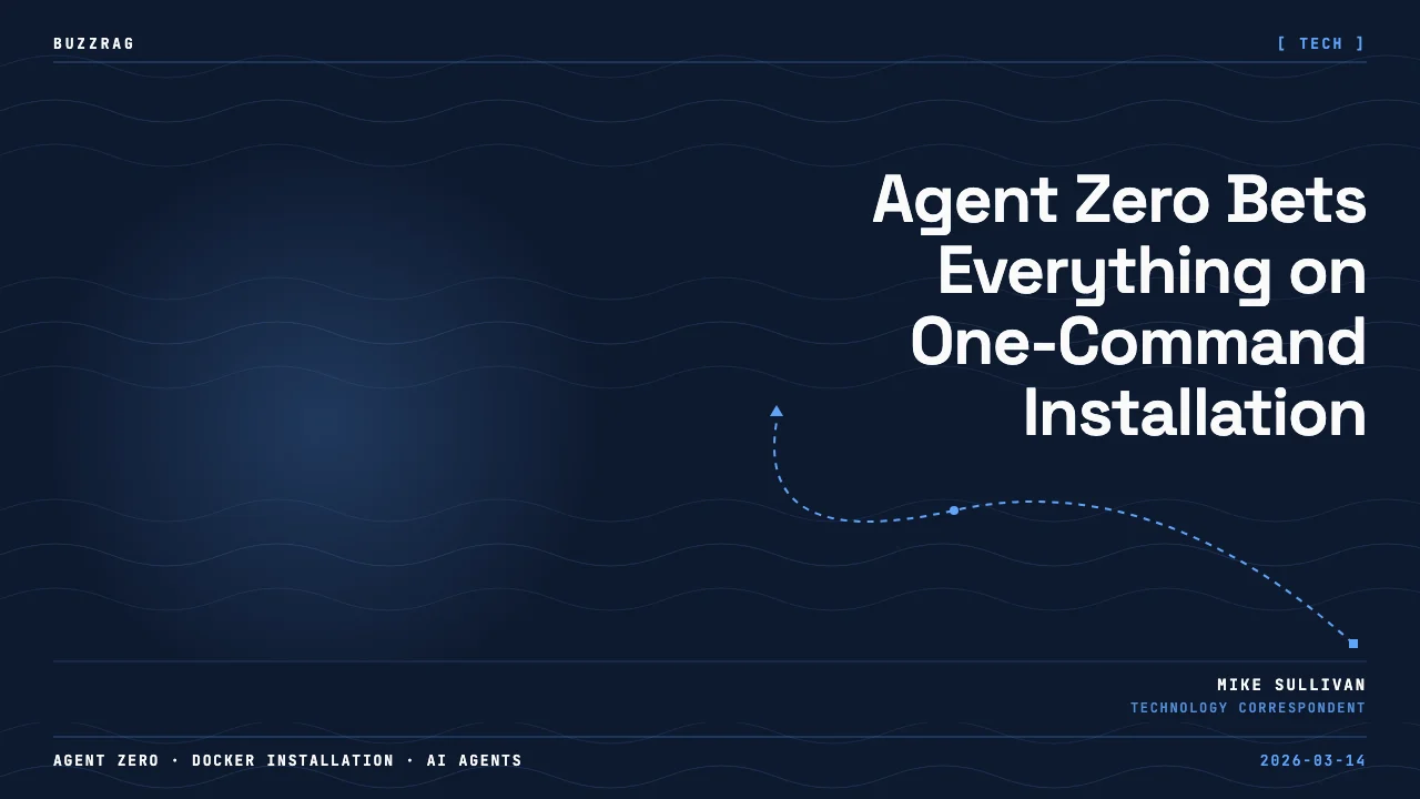 Bold white text "AGENT ZERO INSTALL IN 1 MIN" on dark background with illustrated white and beige robotic device on the…