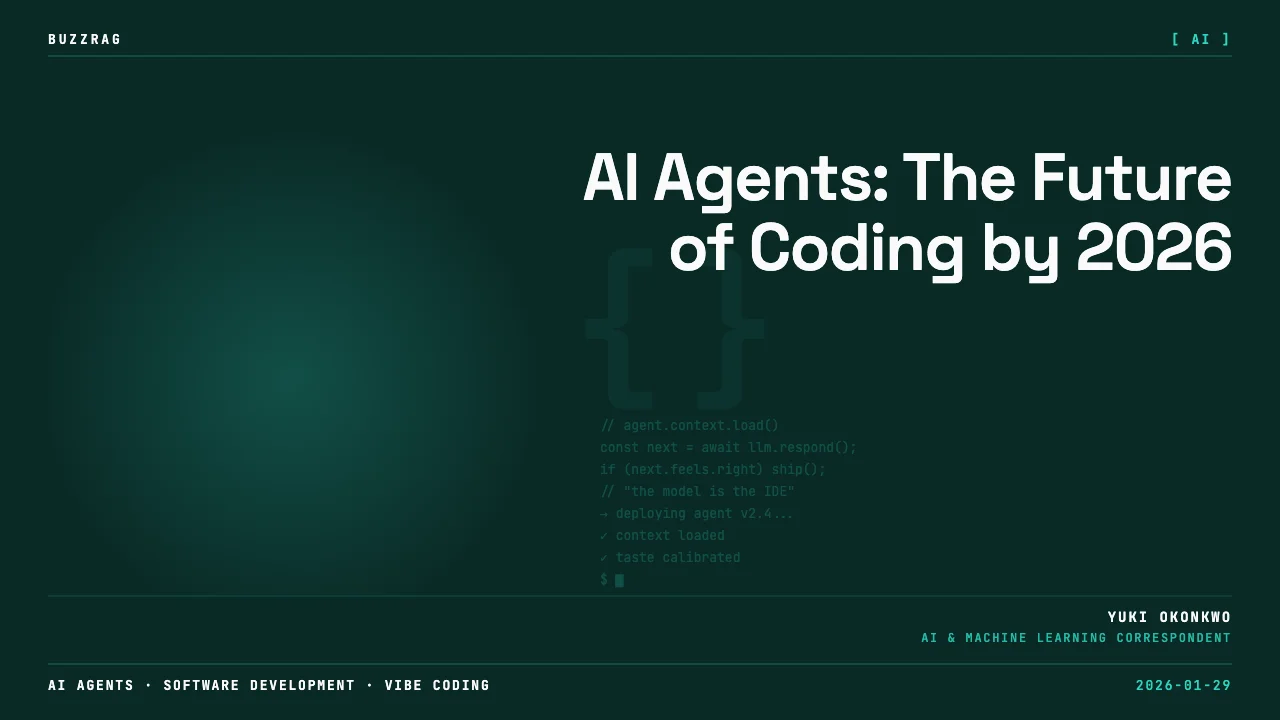 Bold text declaring "CODING IS DEAD" in white and yellow against a dark background with colorful code-like lines on the sides