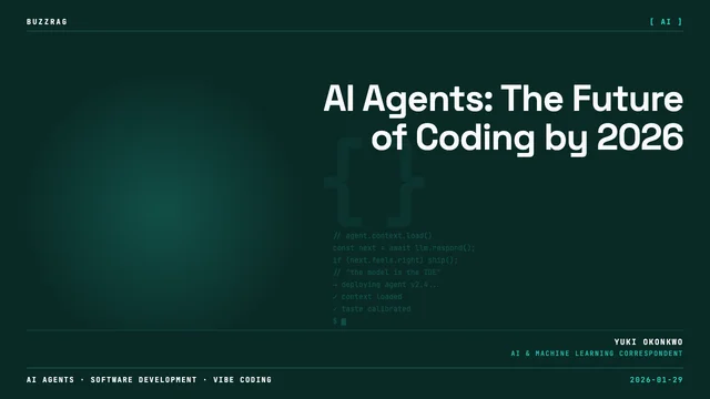 Bold text declaring "CODING IS DEAD" in white and yellow against a dark background with colorful code-like lines on the sides