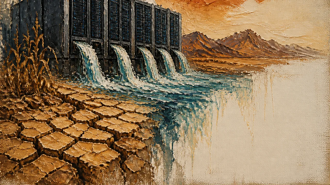 Industrial cooling towers with blue piping and text overlay reading "this WATER is a DISTRACTION" against a blurred…