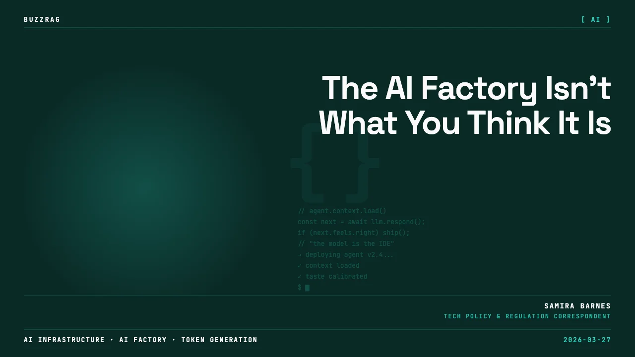 Man in sunglasses and plaid shirt stands before NVIDIA GTC backdrop with speech bubble asking "What even is an AI factory?