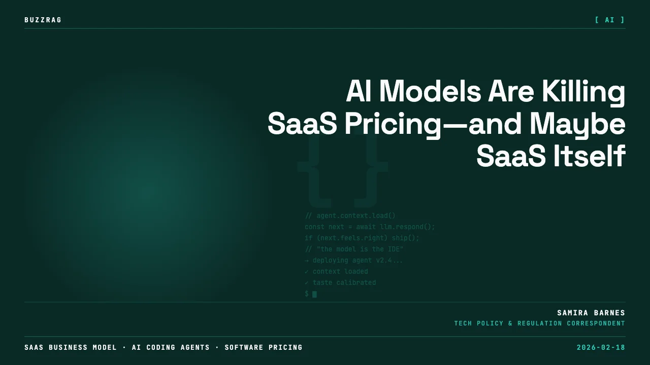 A mannequin in business attire surrounded by red downward arrows, Salesforce and Shopify logos, with "SaaS CRASH" text on a…