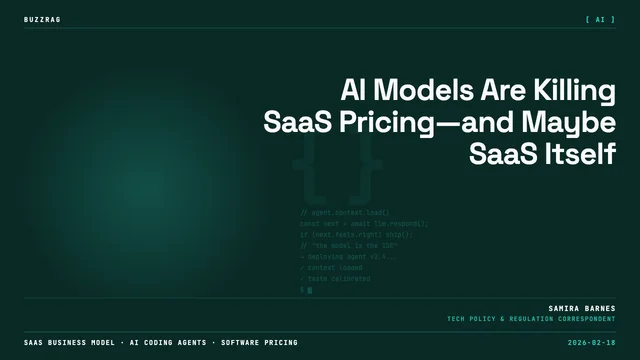 A mannequin in business attire surrounded by red downward arrows, Salesforce and Shopify logos, with "SaaS CRASH" text on a…