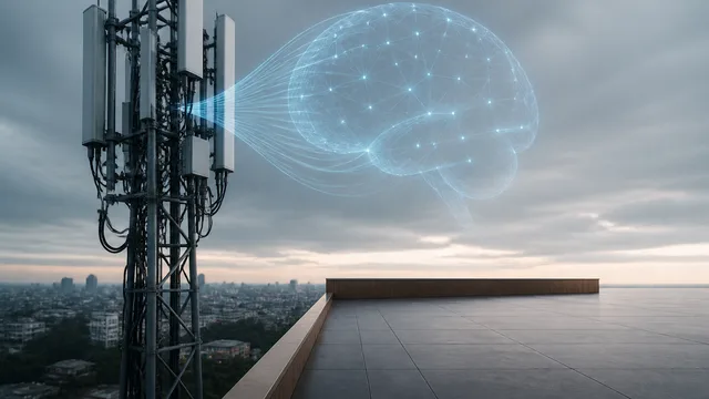 Green network diagram with system monitoring nodes and "FT TECH" branding discussing AI's role in predictive problem…