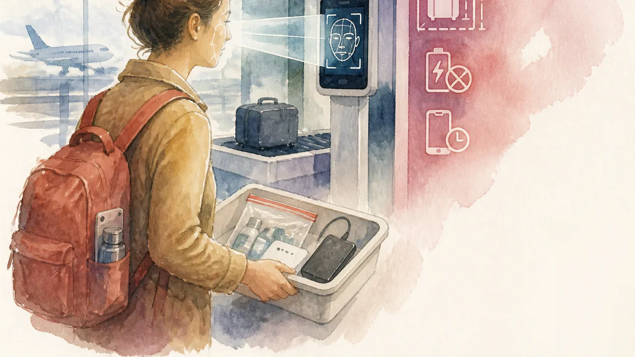 Woman at airport security scan, luggage on conveyor belt, and closed airport counter with waiting travelers