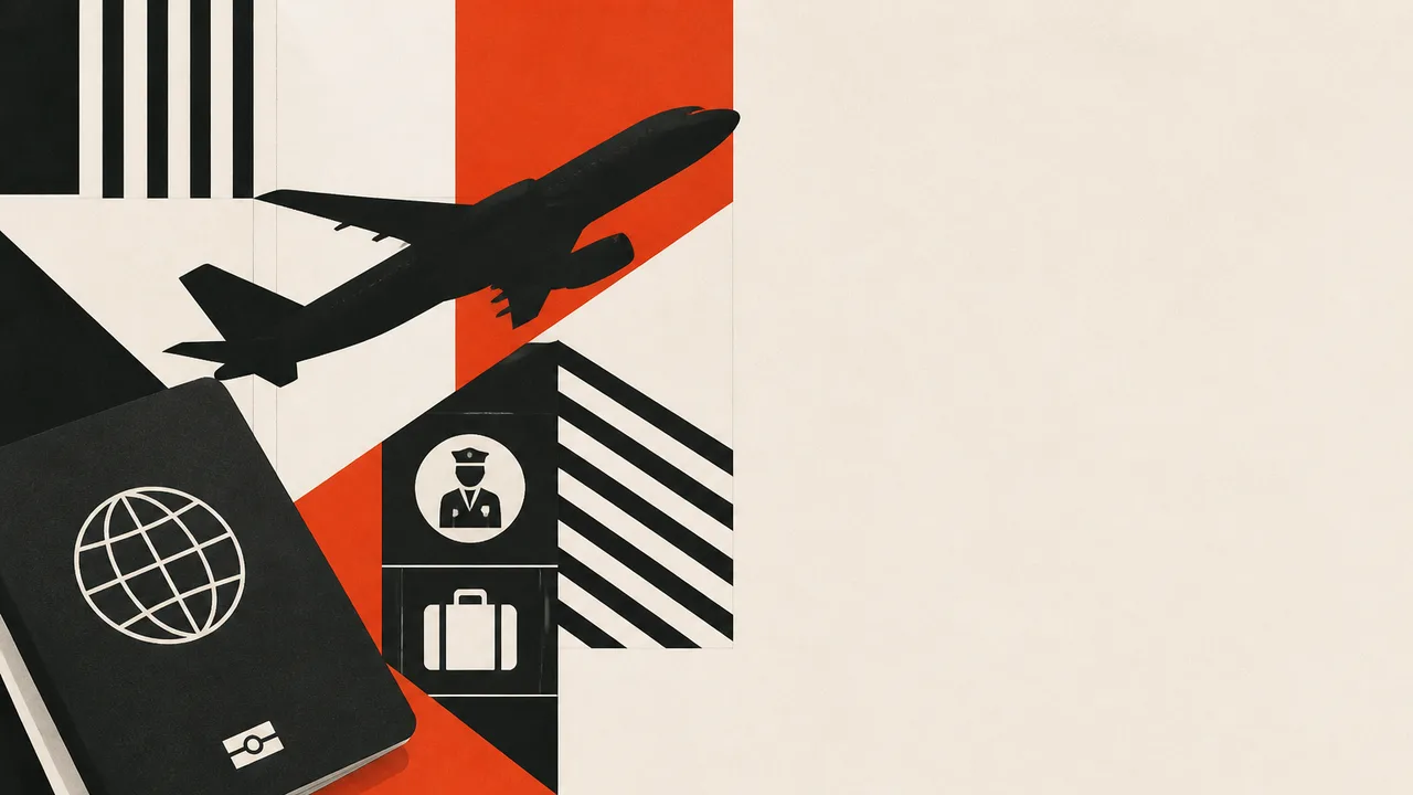 Airport gate scene with woman holding yellow suitcase talking to airline agent, with bold text overlay warning about…