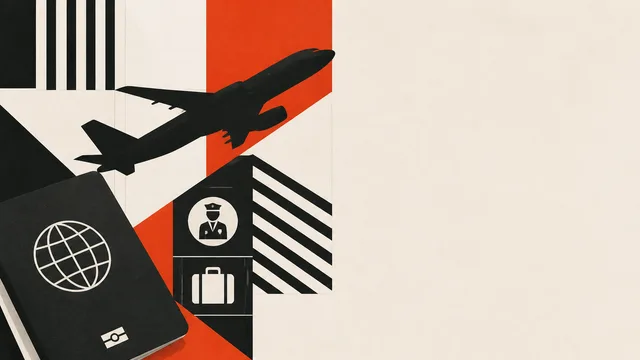 Airport gate scene with woman holding yellow suitcase talking to airline agent, with bold text overlay warning about…