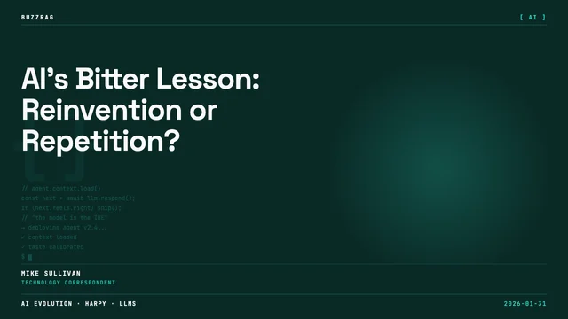 Dark digital landscape with interconnected nodes and "THE BITTER LESSON" text overlaid in yellow and white typography