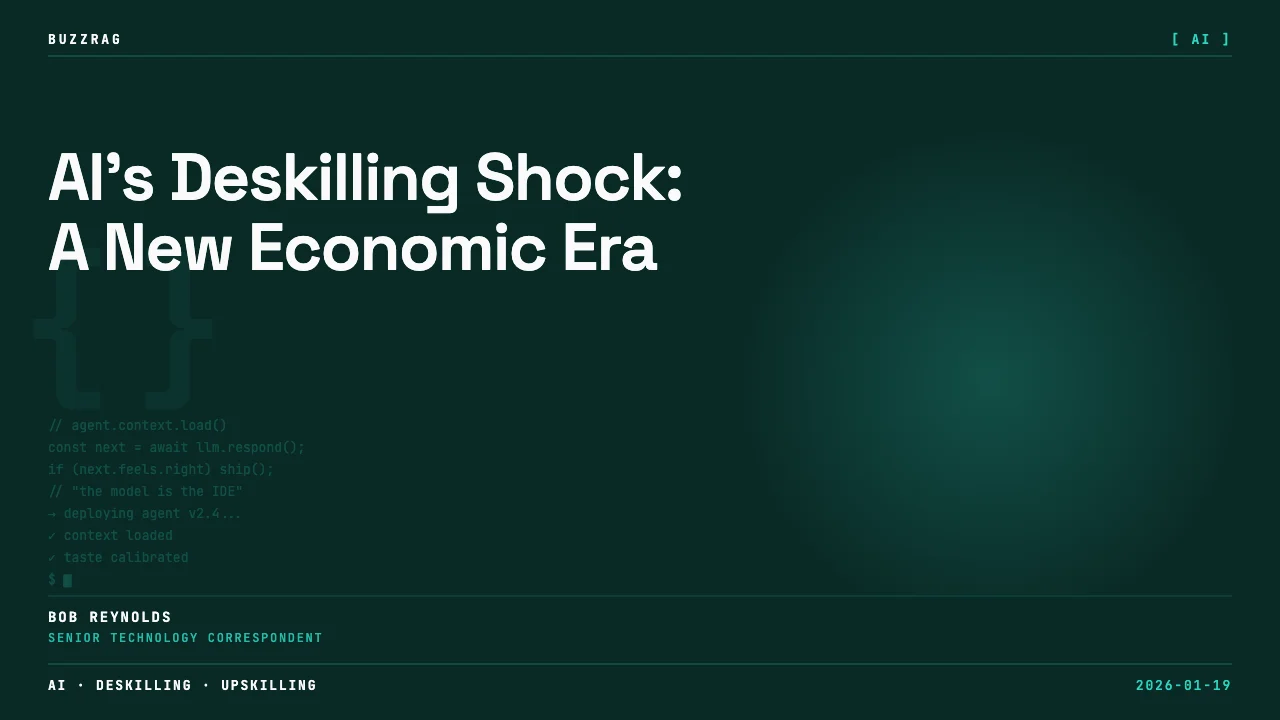 Man with shocked expression and wide eyes next to bold red and white text about deskilling shock on black background