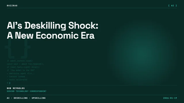 Man with shocked expression and wide eyes next to bold red and white text about deskilling shock on black background
