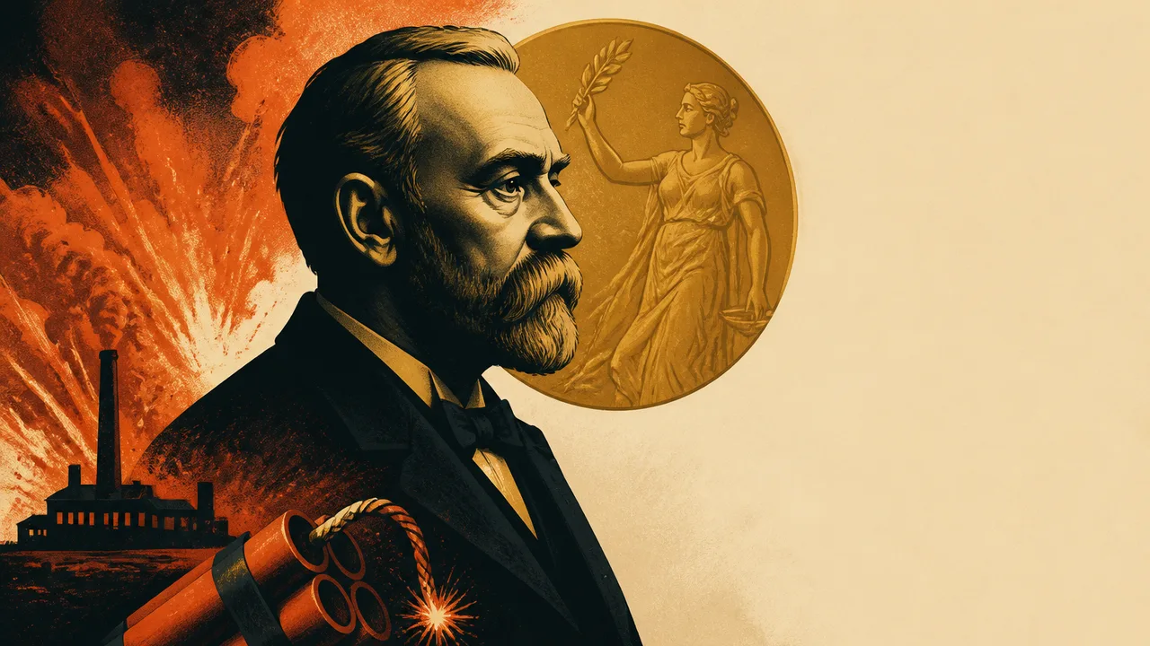 Black and white portrait of bearded man in formal attire against blue dotted background with "ALFRED NOBEL" and "THE…