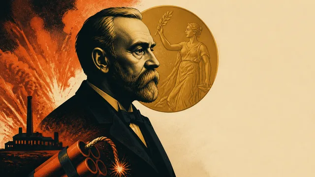 Black and white portrait of bearded man in formal attire against blue dotted background with "ALFRED NOBEL" and "THE…