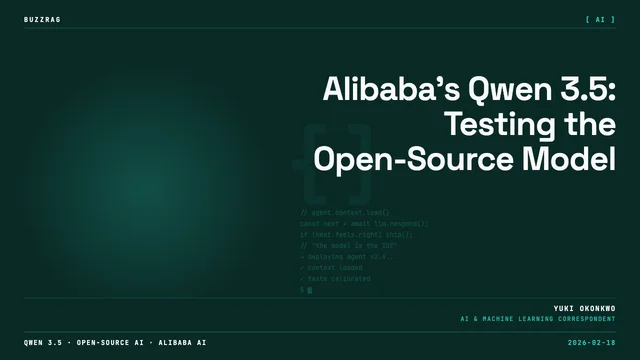 Alibaba announces Qwen 3.5 AI model with glowing white text on a dark purple digital landscape with geometric patterns