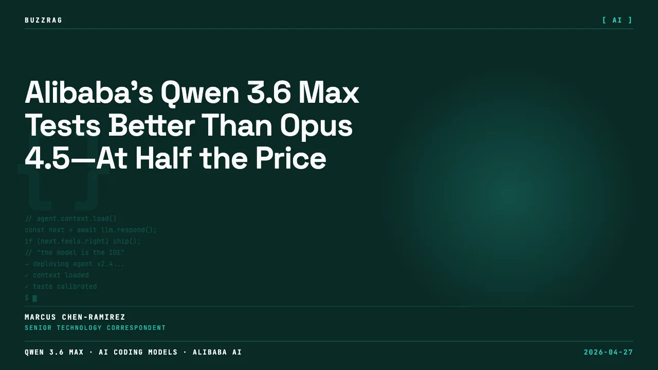 Alibaba introduces Qwen 3.6 Max with glowing white text on a dark purple digital landscape with flowing particle effects