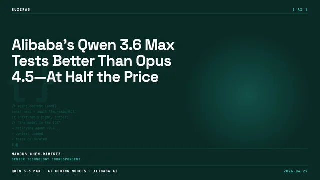 Alibaba introduces Qwen 3.6 Max with glowing white text on a dark purple digital landscape with flowing particle effects
