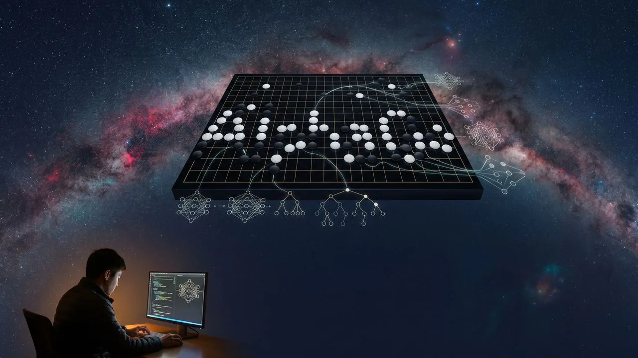 Two men face each other across a Go board with mathematical equations on a blackboard behind them, illustrating the…