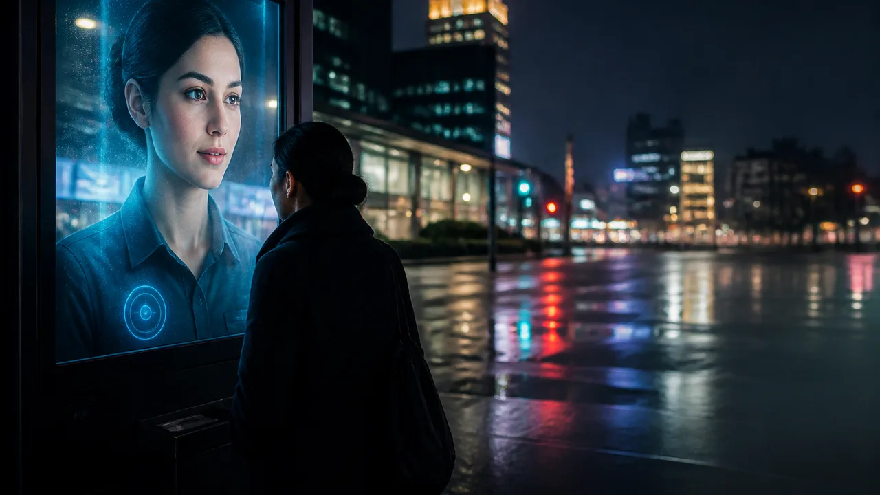 Woman wearing Amarillo-branded navy shirt stands before illuminated city map overlay, with "Business Insider Sponsored"…