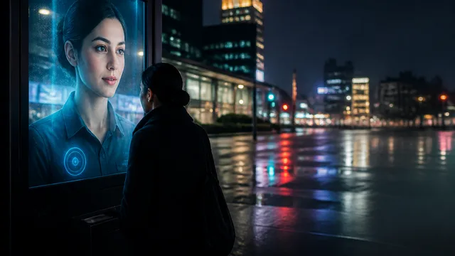 Woman wearing Amarillo-branded navy shirt stands before illuminated city map overlay, with "Business Insider Sponsored"…
