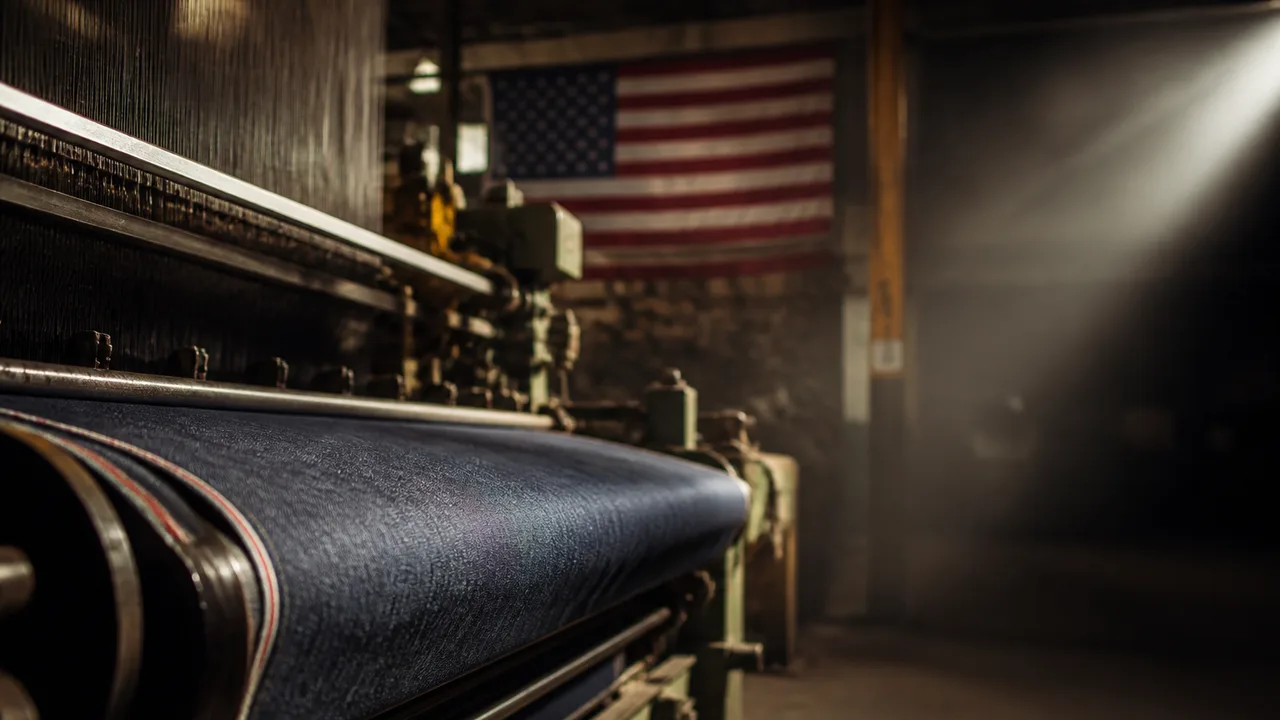Worker using an orange power tool on blue jeans in a factory setting with "Stitched in Pakistan" and "Made in America" text…