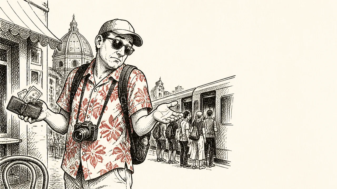 Man making an X gesture in front of the Colosseum with European country signs and "Tourist Mistakes" text overlay