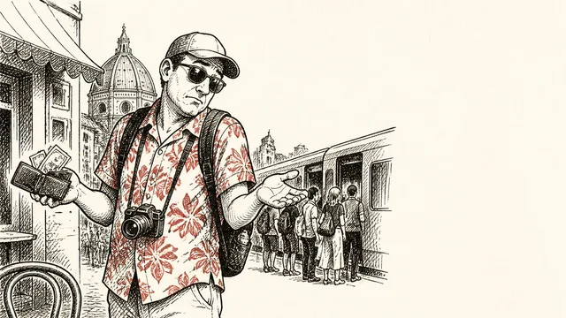 Man making an X gesture in front of the Colosseum with European country signs and "Tourist Mistakes" text overlay