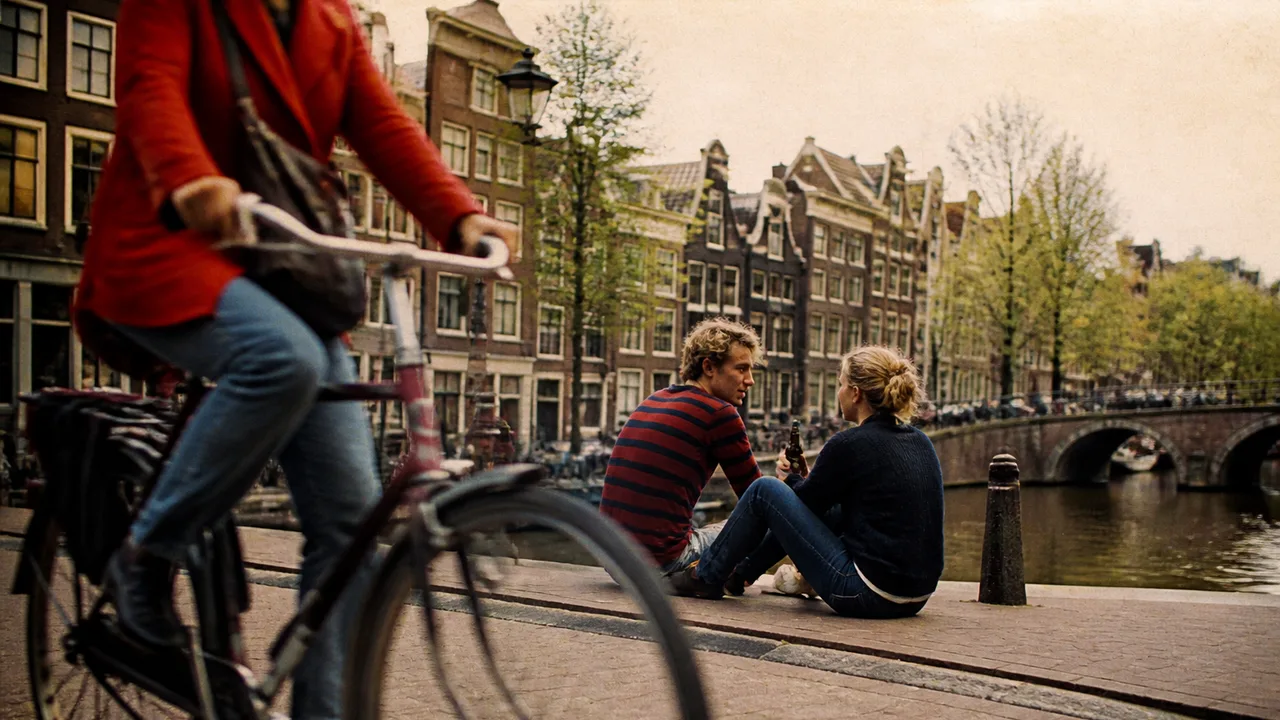 Man with beard gestures expressively outdoors near a canal with historic Dutch architecture and "Wolters World" logo visible